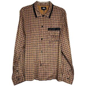 NWT Stussy Geo Satin Long Sleeve Shirt Yellow Black Button Up Collared Medium